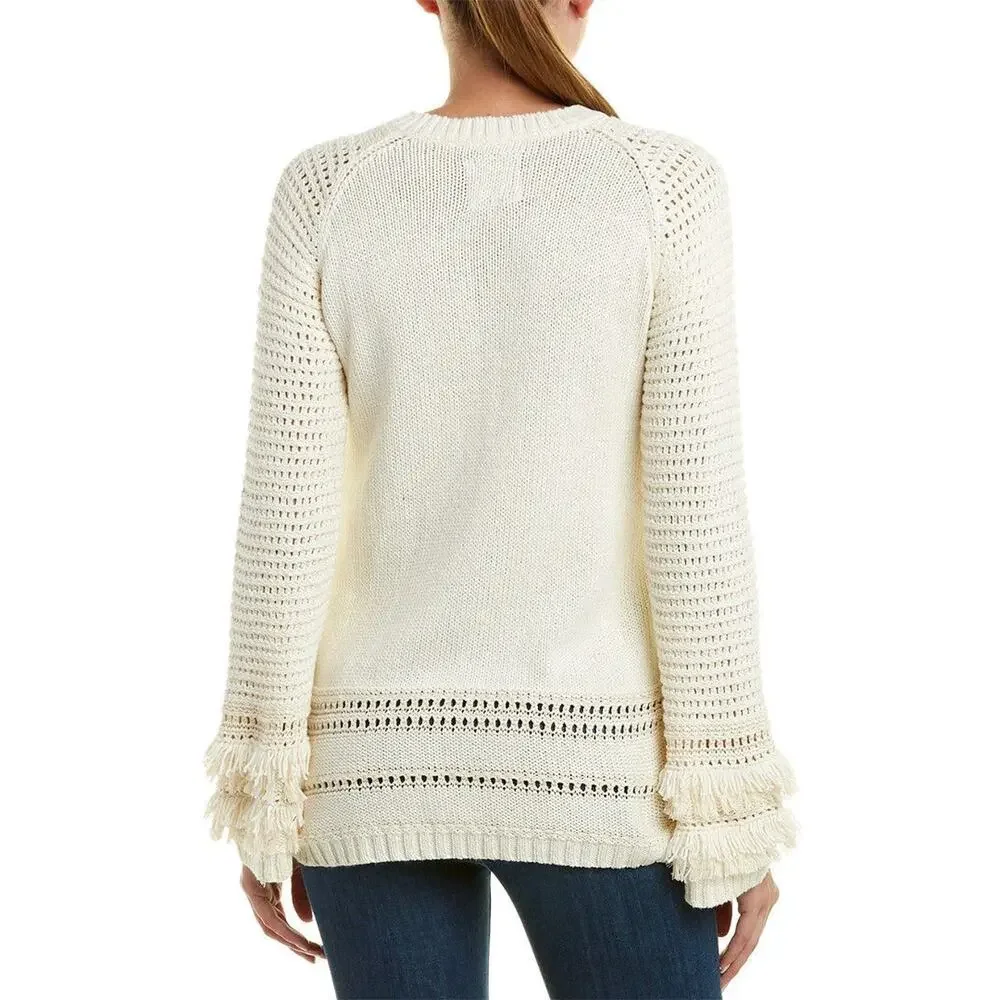 Y2K Chaser Womens Pullover Sweater Size XL Fringe Chunky Knit Ivory Boho Hippie